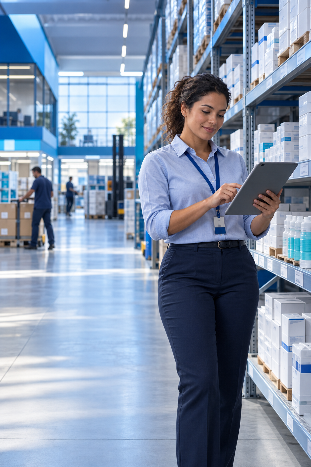 Profissional conferindo produtos no centro de distribuição VittiMed